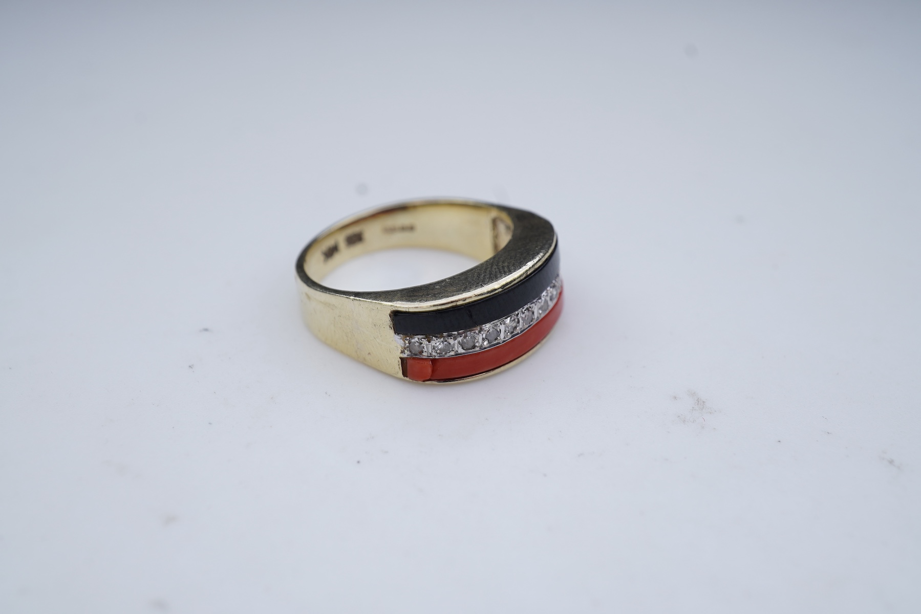 An onyx, coral and diamond demi-parure, circa 1976-7